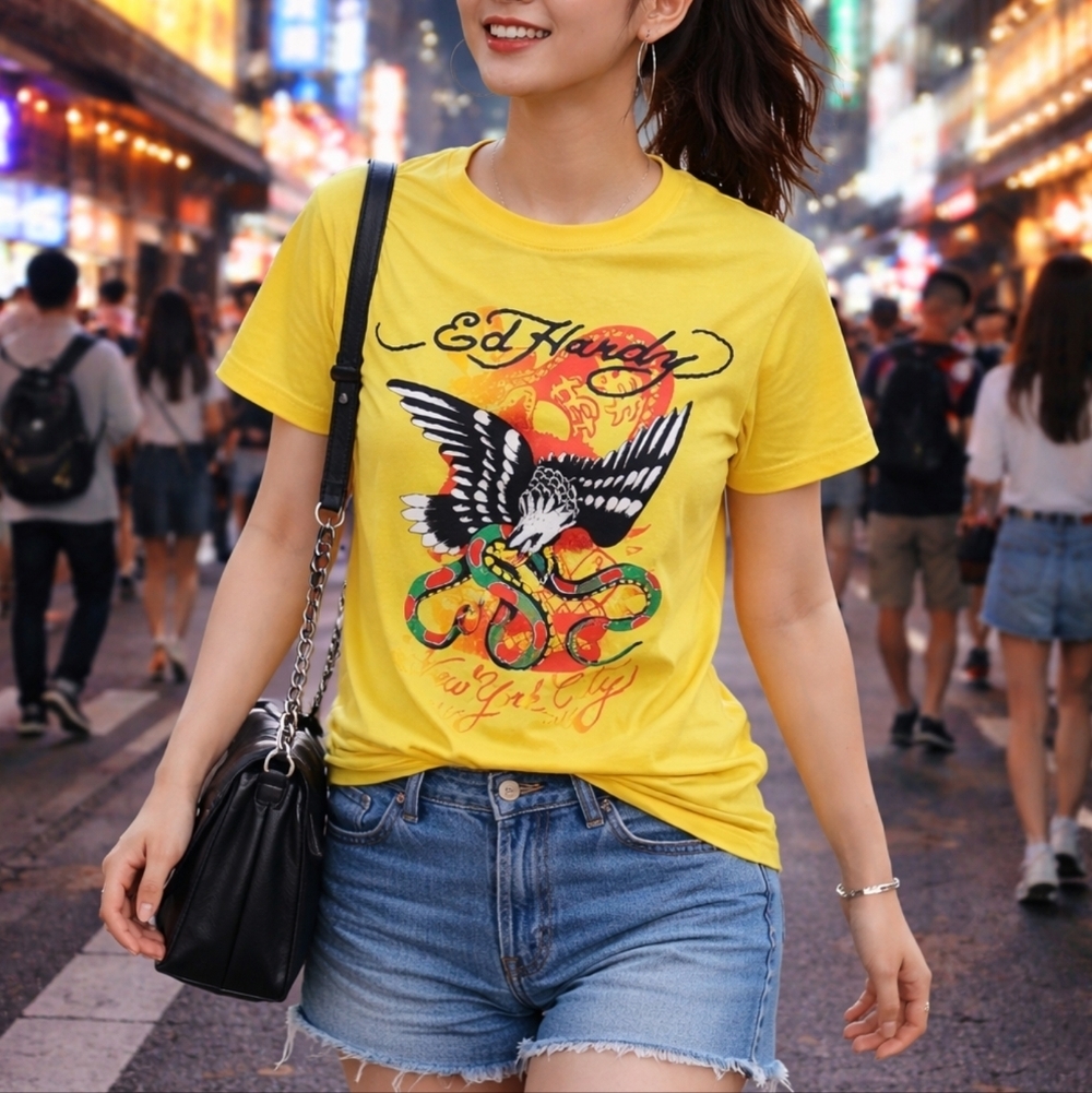 Ed Hardy Yellow Graphic T-Shirt for Men Small New